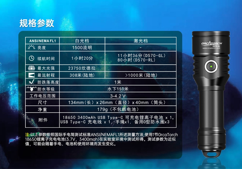 激光潛水手電,綠(lǜ)光潛水手電筒,白光+綠激光潛水手電筒,水下探索手電筒,二合(hé)一激光手電筒,虎(hǔ)鯨OrcaTorch