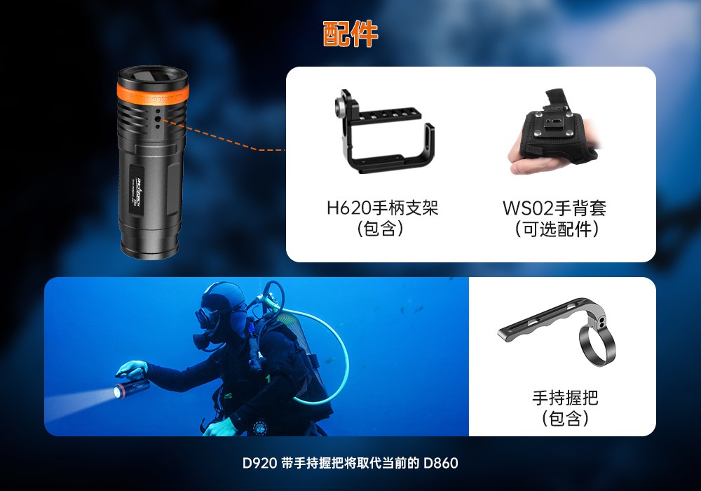 D920潛水無線主燈,水下技(jì)術主燈,潛水(shuǐ)照明燈,水域救(jiù)援照明,虎(hǔ)鯨OrcaTorch